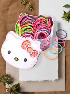 YELLOW CHIMES Pack of 100 Pcs Neon Colors Small Pony Holders Rubber Band with Kitty Tin Storage Box. Rubber Band