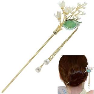 HONEY ACCESSORIES 1PCS Chinese Style Hair Sticks Metal Leaves Pearl Tassel Hairpin for Women Girls Bun Stick