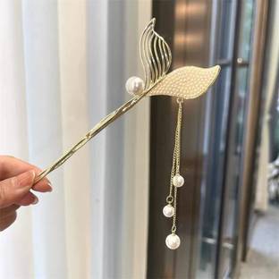 Creeknest Elegant Golden Mermaid Tail Hairpin with Faux Pearl Accents and Tassel Alloy Bun Stick