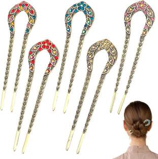 HONEY ACCESSORIES 5PCS French Hair Pins, Metal U Shaped Hairpins hinestone Hairpin for Women Girls Bun Stick