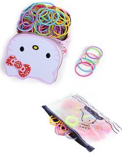 YELLOW CHIMES Pack of 200 Pcs Small Pony Holders Rubber Band with Kitty Tin Storage Box and an organizer pouch. Rubber Band