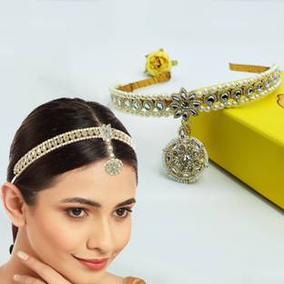 Lykaa Pearl & Kundan Bridal Headband – Ethnic Maang Tikka Tiara for Women Hair Band