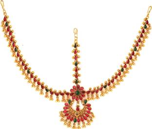 YELLOW CHIMES Women Gold Toned Bridal layered Beaded Traditional Mathapatti Hair Chain