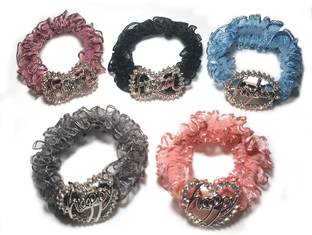 Myra Collection 5 Pcs RUBBER BAND WITH SILVER STONE BROCH Rubber Band (Purple, Pink, Grey) Rubber Band