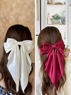 ChicTresses Red & Off White, Premium Hair Bows for Women, Bow Clips for Women, Satin Bow Hair Clip
