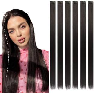 Kidzoo 6pc Clip-In STRAIGHT HAIR EXTENSIONS 20inch BLACK Hair Strips, Artificial Hair Braid Extension