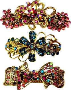 S Mark S mark Grand looking fancy hairclip gold metal multicolour stone colour may vary (1pcz) Hair Clip