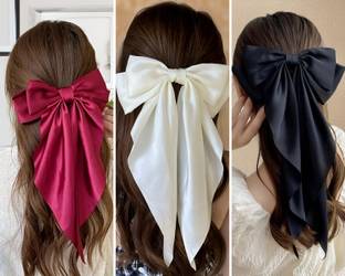 ChicTresses Off White, Red & Black - Premium Hair Bows For Women, Bow Clips For Women Hair Clip