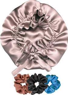 URBAN OX Premium Satin Sleep Bonnet for Women – Adjustable Tie Band & 3 Scrunchies Hair Accessory Set