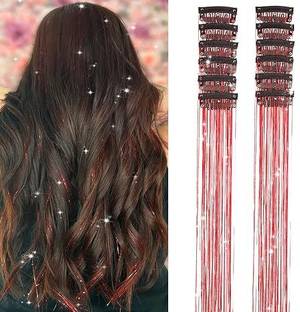 Views 2Pcs Clip in Hair Tinsel, 24 Inch Glitter Tinsel Hair Extensions (Red) Braid Extension