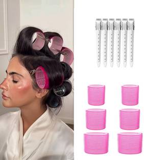 DELUXE Jumbo Rollers with 6Pcs Jumbo Large Hair Rollers and 6 Pcs Hair Clips (Pink) Hair Accessory Set