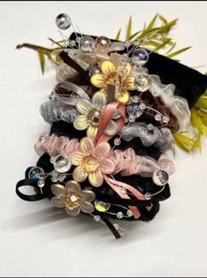 VFD SCRUNCHIES TISSUE ,CRYSTALS BEADS PACK OF-5 Rubber Band