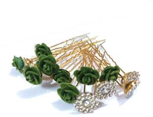 Productmine Bridal Hair Bun Juda Pins Artificial Green Rose and Clear Rhinestone- 8 PCs Each Hair Pin