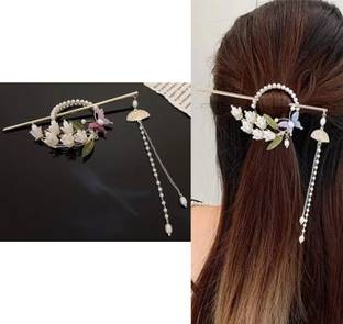 OLLIVOO Pearl Pendent Floral Hair Tassel Bun Stick Juda Hair Bun Stick