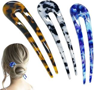 HONEY ACCESSORIES Pack of 3 pcs French Style Cellulose Acetate U Shaped Hair Pin Fork Sticks Bun Clip