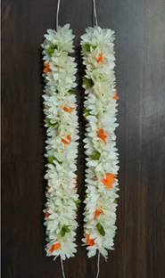 Miltan White & Orange Jasmine Flower Fabric Gajra 10inch for Hairstyles Hair Band Hair Chain