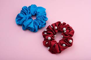 RibbonCandy Set of 2 Satin Scrunchies with Pearls Embellishment - Rubber Band Rubber Band