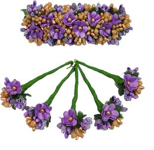 AGASTHIYAR TRADERS VJP Purple small flower Gajra with 5 additional flower pins Hair Accessory Set