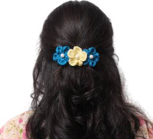 Laveni Creations Handmade Crochet Blue & Cream Flower Crochet Barrette Clip with Pearls Back Pin