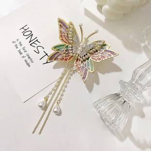 Ashkash 1 Pcs Colorful Fairy Butterfly Rhinestone Hair Clip with Pearl Tassel Hair Clip