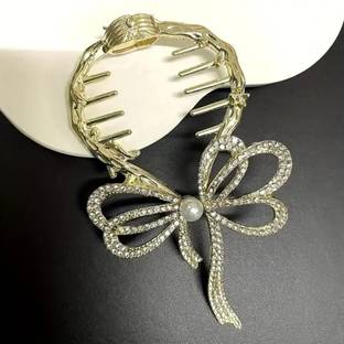 VYOMISS Golden Crystal Bow Hair Claw Clip for Women – Stylish Party Wear Accessory Bun Clip