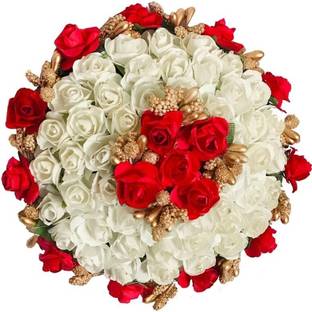 AROOMAN ™ New Artificial flower Full Juda Bun Hair Flower Gajra for Wedding and Parties Use for Women (Red & White Color Pack of 1) Hair Accessory Set