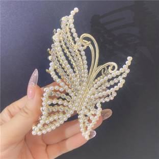 SAMYAK Wedding Rhinestone Pearl Studded Hair Clip Clutch Barrettes For Women & Girls Hair Claw