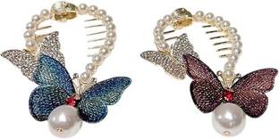 HONEY ACCESSORIES 2PCSButterfly Claw Clips Pearl Bow Tassel Rhinestones Ponytail Hair Accessories Bun Clip