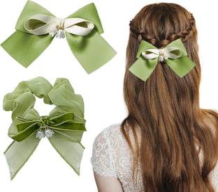 Lykaa Satin Silk Layered Hair Bow Embellished Clip and Hair Scrunchies - Pack of 2 Rubber Band