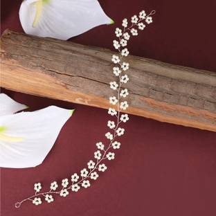 Mode Mania Statement Silver Plated Floral Design Peal Studded Foldable Hair Accessory Head Band