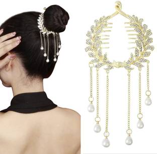 tempra Pearl Tassel Rhinestone Hair Bun Claw Clips for Women Twist Bun Holder (Gold) Bun Clip