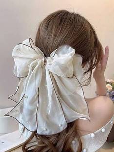 EvoNest Large Pearl Organza Bow Clip - Sheer Ribbon for Weddings & Parties Hair Band
