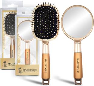 MAJESTIQUE Paddle Detangler Hair Brush Golden with Handle Mirror,Travel Makeup Mirror?Portable Lovely soft grip, Perfect Hair Brush for Men, Women and Kids, Detangler for All Hair Types (Pack of 2
