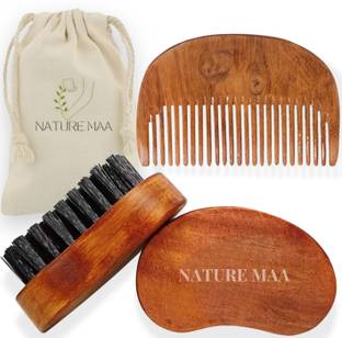 Nature Maa Men Beard Brush and Neem Comb Set Detangling Exfoliate Growth Everyday Styling