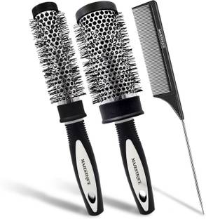 MAJESTIQUE Salon Blowout Brush Set – 2 Round Barrel Brushes & 1 Tail Comb (3-Piece, Black)