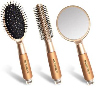 MAJESTIQUE Hair Detangler & Styler Brush Set –Oval & Round Cushion Brushes With Mirror-3Pcs