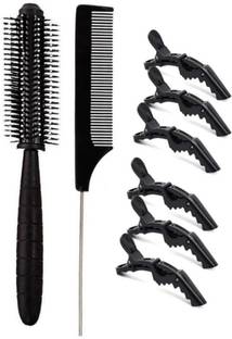 Yuvami's Professional Round comb with Tail comb & 6 pcs Crocodile clips(Pack of 8)