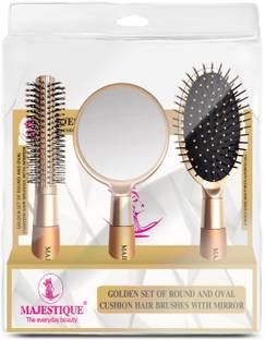 MAJESTIQUE Round and Oval Cushion Hair Brush Set with Handle Mirror, Soft Nylon Bristles