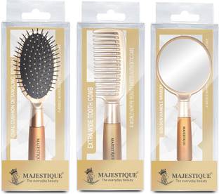 MAJESTIQUE Hair Brush 3Pcs Set, Detangling Hairbrush, Wide-tooth comb and Handle Mirror