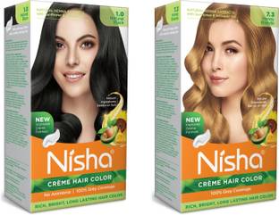 Nisha Creme Hair Color (60gm + 60ml + 18ml Conditioner for Each) Combo Pack Of Natural black & Honey Blonde , Honey Blonde 7.3, Black