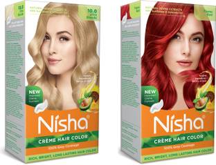 Nisha Cream Hair Color Rich Bright Long Lasting Hair Colouring For Ultra Soft Deep Shine Grey Coverage Conditioning With Natural Herbs , Ultra Blonde & Flame Red