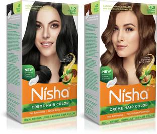 Nisha Creme Hair Color (60gm + 60ml + 18ml Conditioner for Each) Combo Pack Of Natural black & Golden Brown , Golden Brown, Black