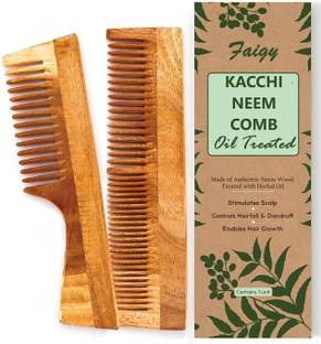 Faigy Kacchi Neem Wood Comb - Natural Haircare Infused with Neem Oil & Herbal Extracts