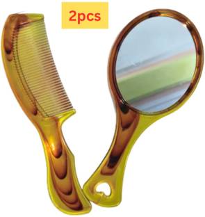 ShilpoKuthi Hand Mirror with Comb Set for Women and Girls, Wood Color