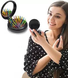 Frackson Black Travel Hair Brush Comb with Mirror Pocket Hair Brush Folding Massage Comb