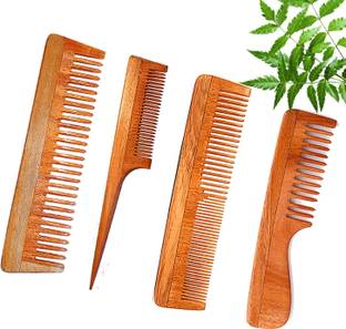 DREAMWIND Neem Wooden Comb Set For Women & Men (Wide Tooth Comb + Regular Comb + Tail Comb + Wide Tooth Handle Comb) (Pack of 4)