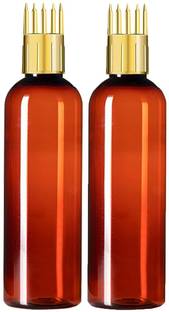 PHARCOS 200ML Amber Bottle + Hair Root Applicator (Gold) + Flip Top Cap + Plug for applying Hair Oil,Shampoos, DIY care and Medicine Directly on Scalp and Hair Roots ( Leak Proof ) Pack of 2
