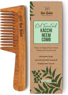 Nat Habit Kacchi Neem Comb, Wooden Comb | Hair Growth, Hairfall, Dandruff Control | Hair Straightening, Frizz Control | Comb for Men, Women | Treated with Neem Oil, Bhringraj & 17 Herbs (Wide Tooth)