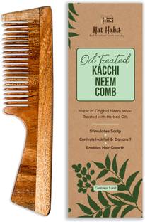 Nat Habit Kacchi Neem Comb, Wooden Comb | Hair Growth, Hairfall, Dandruff Control | Hair Straightening, Frizz Control | Comb for Men, Women | Treated with Neem Oil, Bhringraj & 17 Herbs (Fine Tooth)