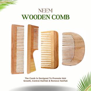 DAUMI Kacchi Neem Organic Wood Combs 100% Handmade, Anti-Dandruff (Pack of 4)